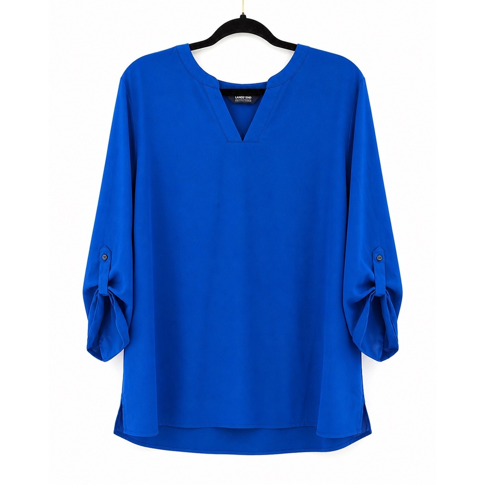 Lands' End Blouse Women 22W Royal Blue Roll Tab Sleeve Split Neck Career Plus